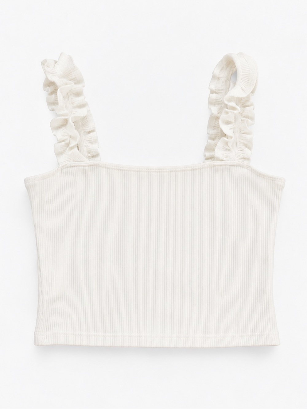 Ruffled Strap Ribbed Crop Top - White